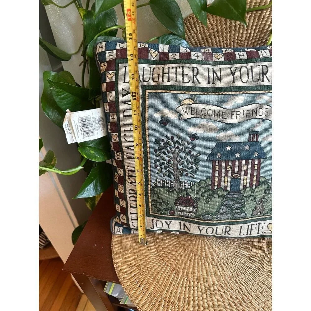 Vintage welcome, friends embroidered throw pillow